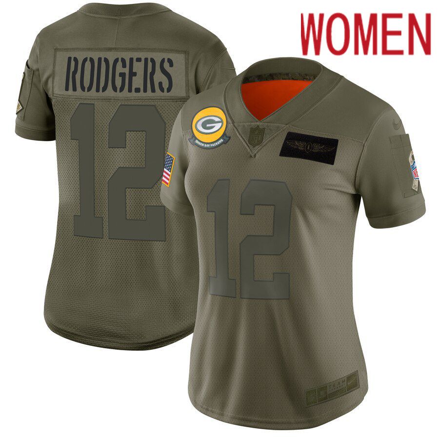 Women Green Bay Packers #12 Rodgers Green Nike Olive Salute To Service Limited NFL Jerseys->women nfl jersey->Women Jersey